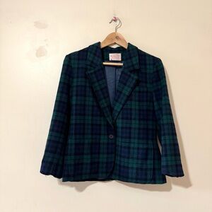 Vintage Pendleton Wool Blazer Suit Jacket Coat Navy Green Plaid Tartan 10